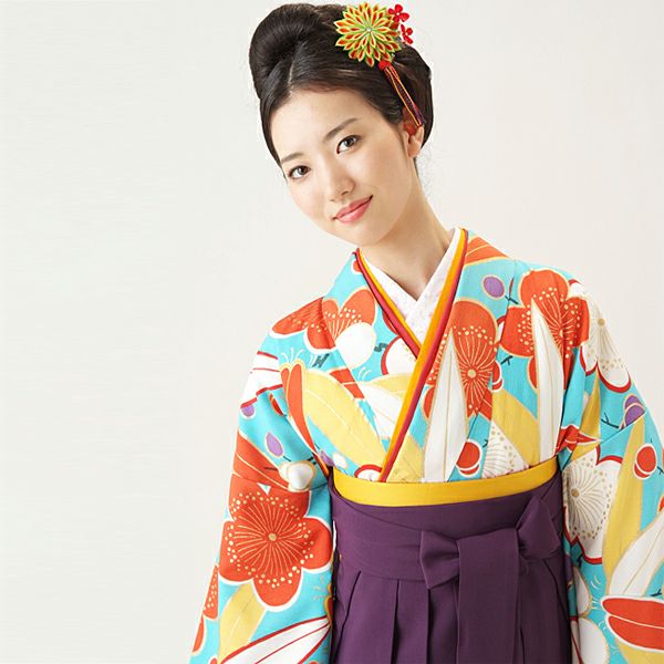 【中古品】卒業式袴セット 「二尺袖：水色　笹と梅+袴：青紫×ぼかし刺繍」 九重 ブランド 貸衣装処分 レンタル処分品 二尺袖 袴 卒業式、謝恩会に