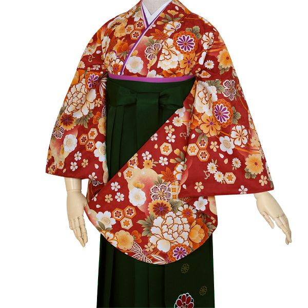 【中古品】卒業式袴セット 「二尺袖：赤　雪輪花くす玉+袴：ライトグリーン×刺繍」 貸衣装処分 レンタル処分品 二尺袖 袴 卒業式、謝恩会に