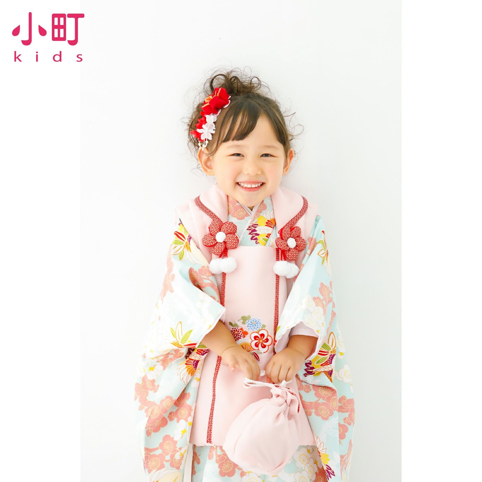 七五三 着物 3歳 女の子 ブランド被布セット 小町 「水色地 梅の丸に鶴