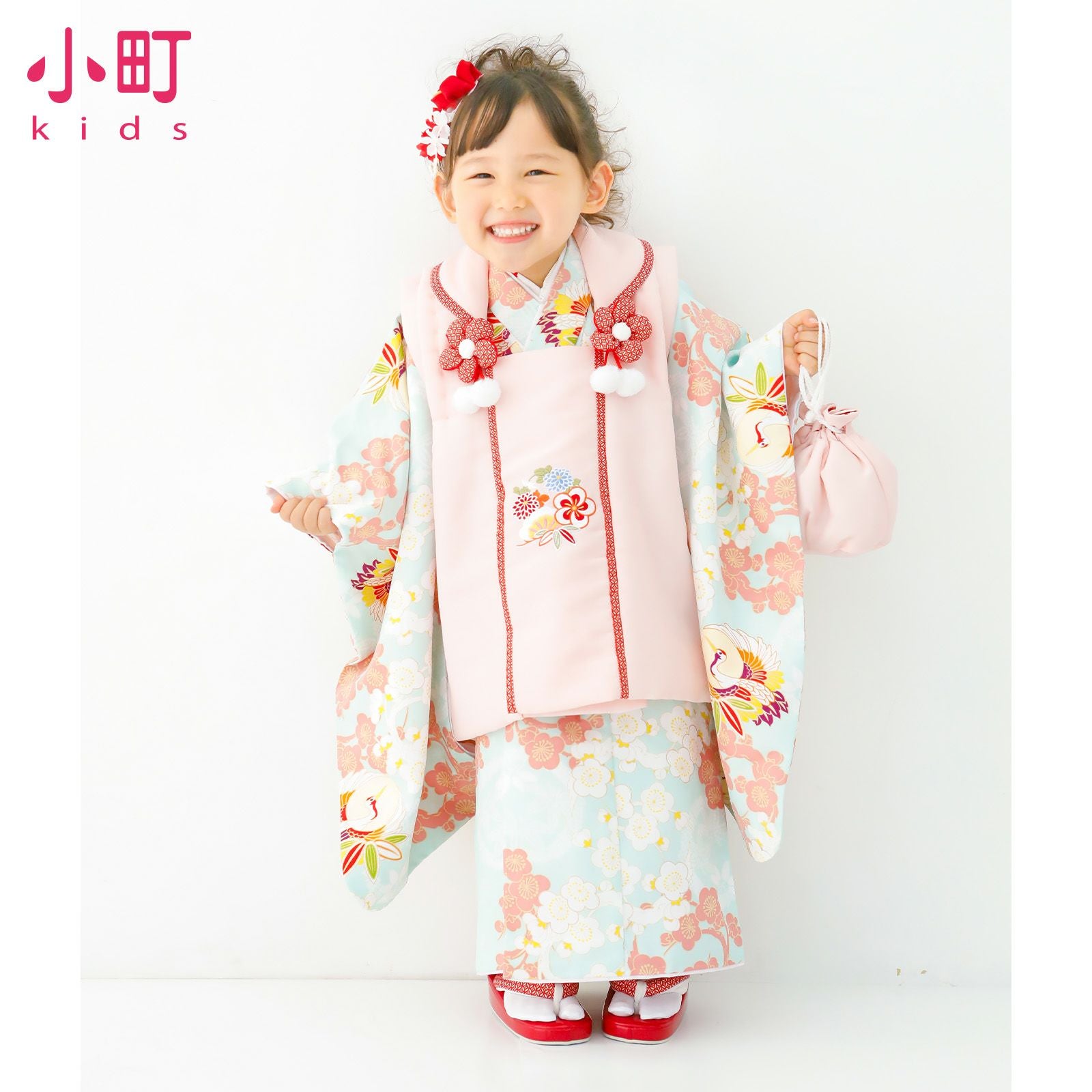 七五三 着物 3歳 女の子 ブランド被布セット 小町 「水色地 梅の丸に鶴