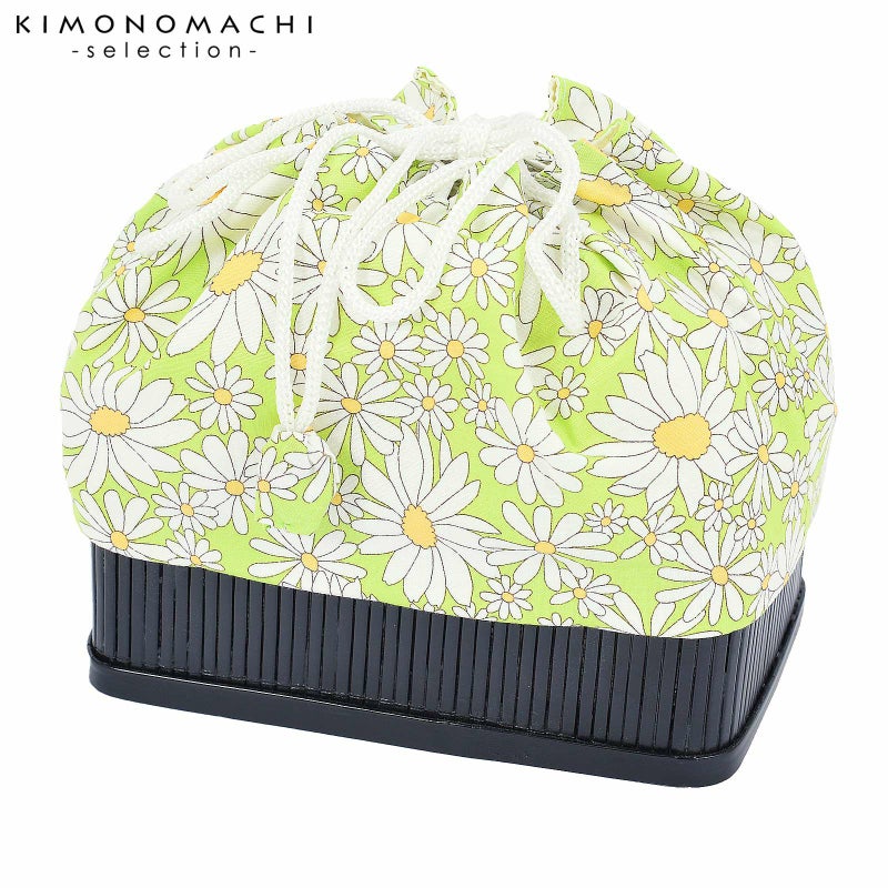 竹籠 巾着単品 「黄緑地 　白菊」 浴衣巾着 巾着バッグ きんちゃく 夏祭り、花火大会に