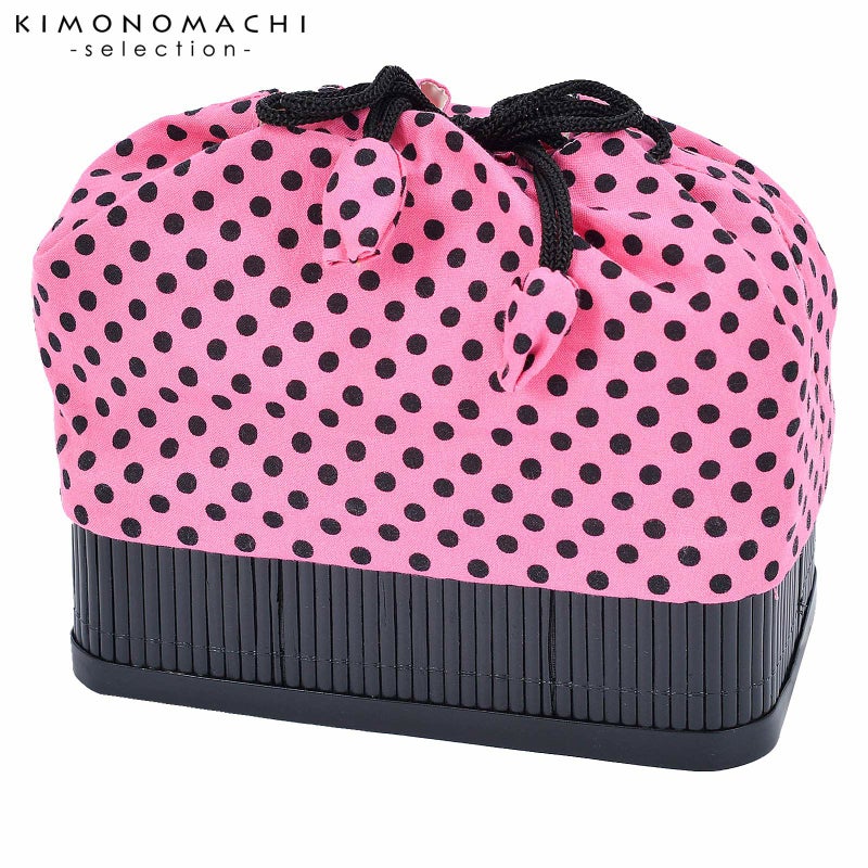 竹籠 巾着単品 「濃桃色地　黒水玉」 浴衣巾着 巾着バッグ きんちゃく 夏祭り、花火大会に