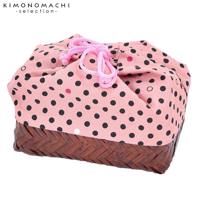 竹籠 巾着単品 「ピンク地　水玉」 浴衣巾着 巾着バッグ きんちゃく 夏祭り、花火大会に