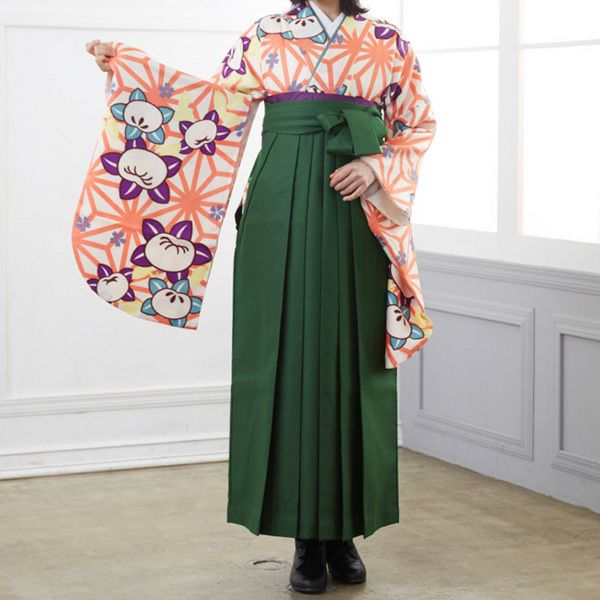 【中古品】卒業式袴セット 「二尺袖：白ピンク　麻の葉に橘+袴：ライトグリーン×刺繍」 貸衣装処分 レンタル処分品 二尺袖 袴 卒業式、謝恩会に