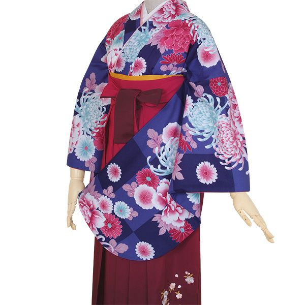 【中古品】卒業式袴セット 「二尺袖：青　市松に菊牡丹+袴：ローズピンク×刺繍」 貸衣装処分 レンタル処分品 二尺袖 袴 卒業式、謝恩会に