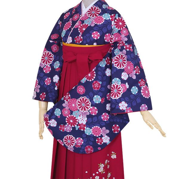 【中古品】卒業式袴セット 「二尺袖：紺　藤に菊梅+袴：ローズピンク×刺繍」 貸衣装処分 レンタル処分品 二尺袖 袴 卒業式、謝恩会に