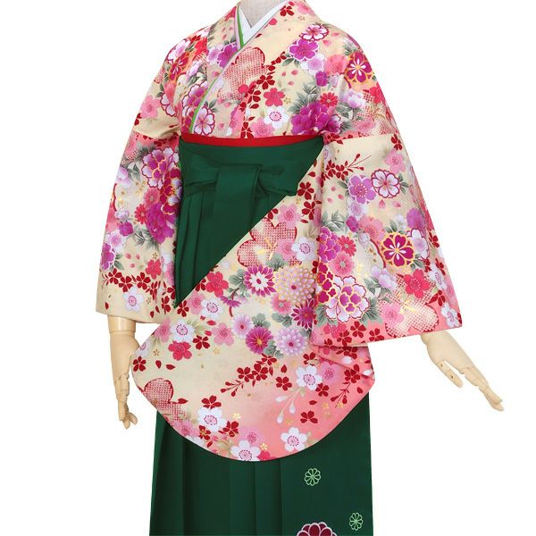 【中古品】卒業式袴セット 「二尺袖：クリーム　桜に花紋+袴：ライトグリーン×刺繍」 貸衣装処分 レンタル処分品 二尺袖 袴 卒業式、謝恩会に