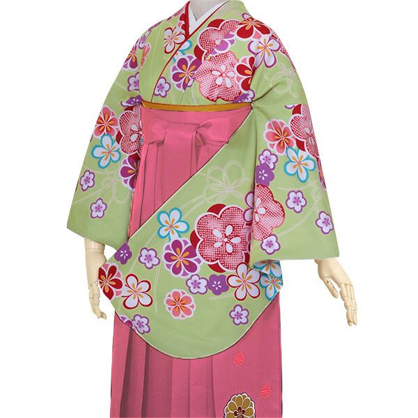【中古品】卒業式袴セット 「二尺袖：緑　疋田梅+袴：ピンク×桜 刺繍」 貸衣装処分 レンタル処分品 二尺袖 袴 卒業式、謝恩会に