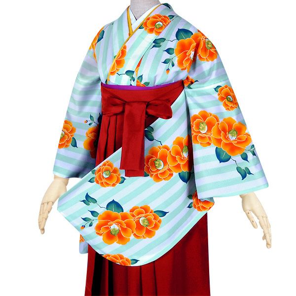 【中古品】卒業式袴セット 「二尺袖：白×緑　縦縞　椿+袴：エンジ×矢絣」 貸衣装処分 レンタル処分品 二尺袖 袴 卒業式、謝恩会に