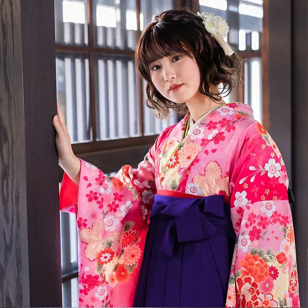 【中古品】卒業式袴セット 「二尺袖：ピンク　桜に花紋+袴：青紫×無地」 貸衣装処分 レンタル処分品 二尺袖 袴 卒業式、謝恩会に