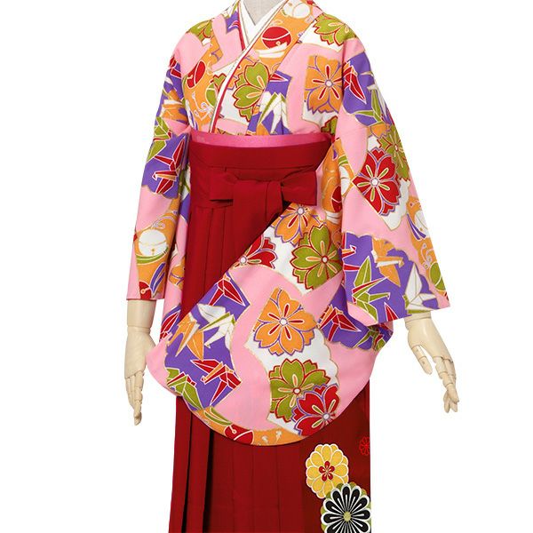 【中古品】卒業式袴セット 「二尺袖：ピンク　九重　扇面に鈴と折り鶴+袴：エンジ×矢絣」 貸衣装処分 レンタル処分品 二尺袖 袴 卒業式、謝恩会に