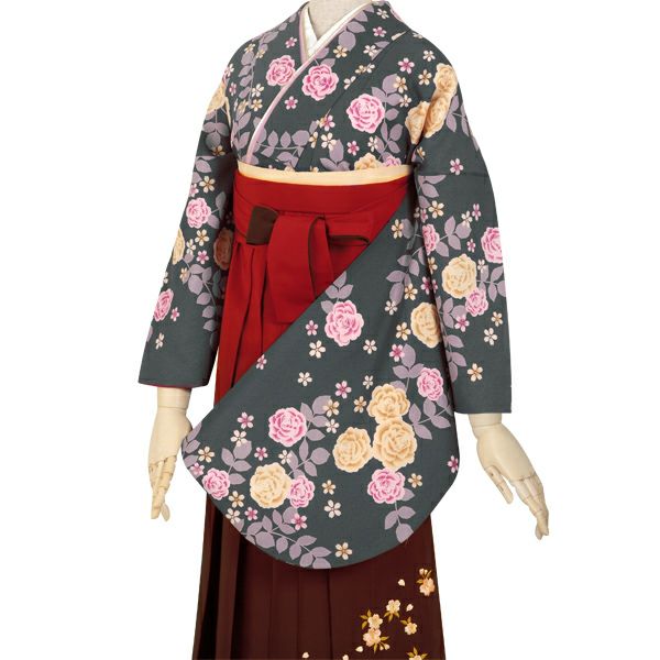 【中古品】卒業式袴セット 「二尺袖：グレー　薔薇+袴：エンジ×矢絣」 貸衣装処分 レンタル処分品 二尺袖 袴 卒業式、謝恩会に