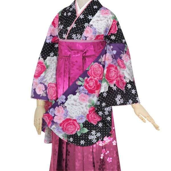 【中古品】卒業式袴セット 「二尺袖：黒×紫　ドットにワインの薔薇+袴：ピンク×ぼかし刺繍」 貸衣装処分 レンタル処分品 二尺袖 袴 卒業式、謝恩会に