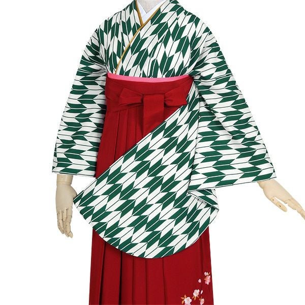 【中古品】卒業式袴セット 「二尺袖：緑　矢絣+袴：エンジ×矢絣」 貸衣装処分 レンタル処分品 二尺袖 袴 卒業式、謝恩会に