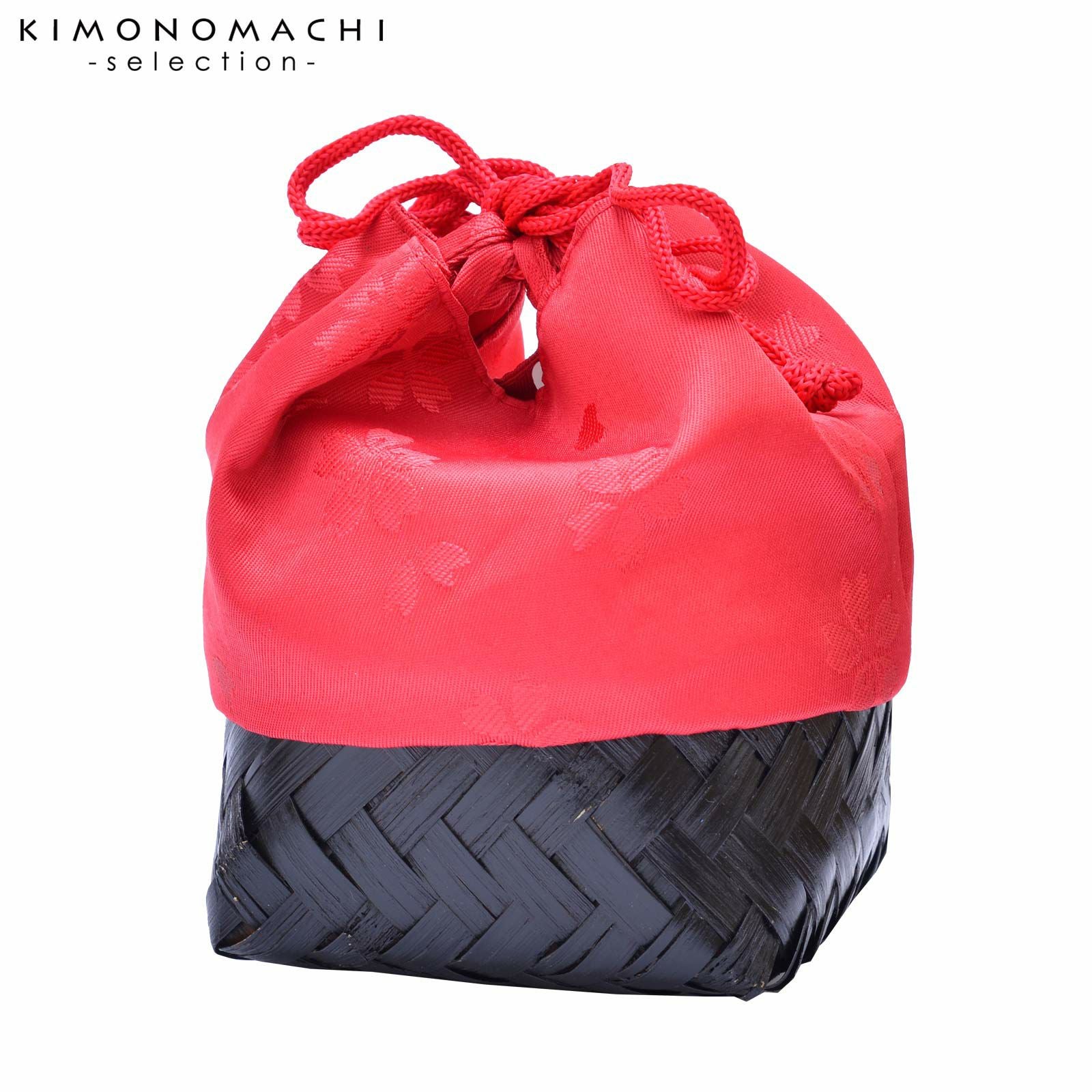 Prices down2】竹籠 巾着単品 「赤×黒丸籠 桜」 浴衣巾着 巾着バッグ