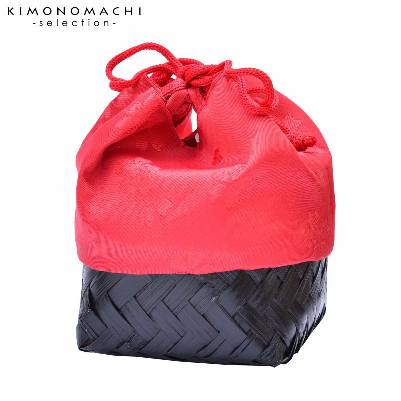 竹籠 巾着単品 「赤×黒丸籠　桜」 浴衣巾着 巾着バッグ きんちゃく 夏祭り、花火大会に