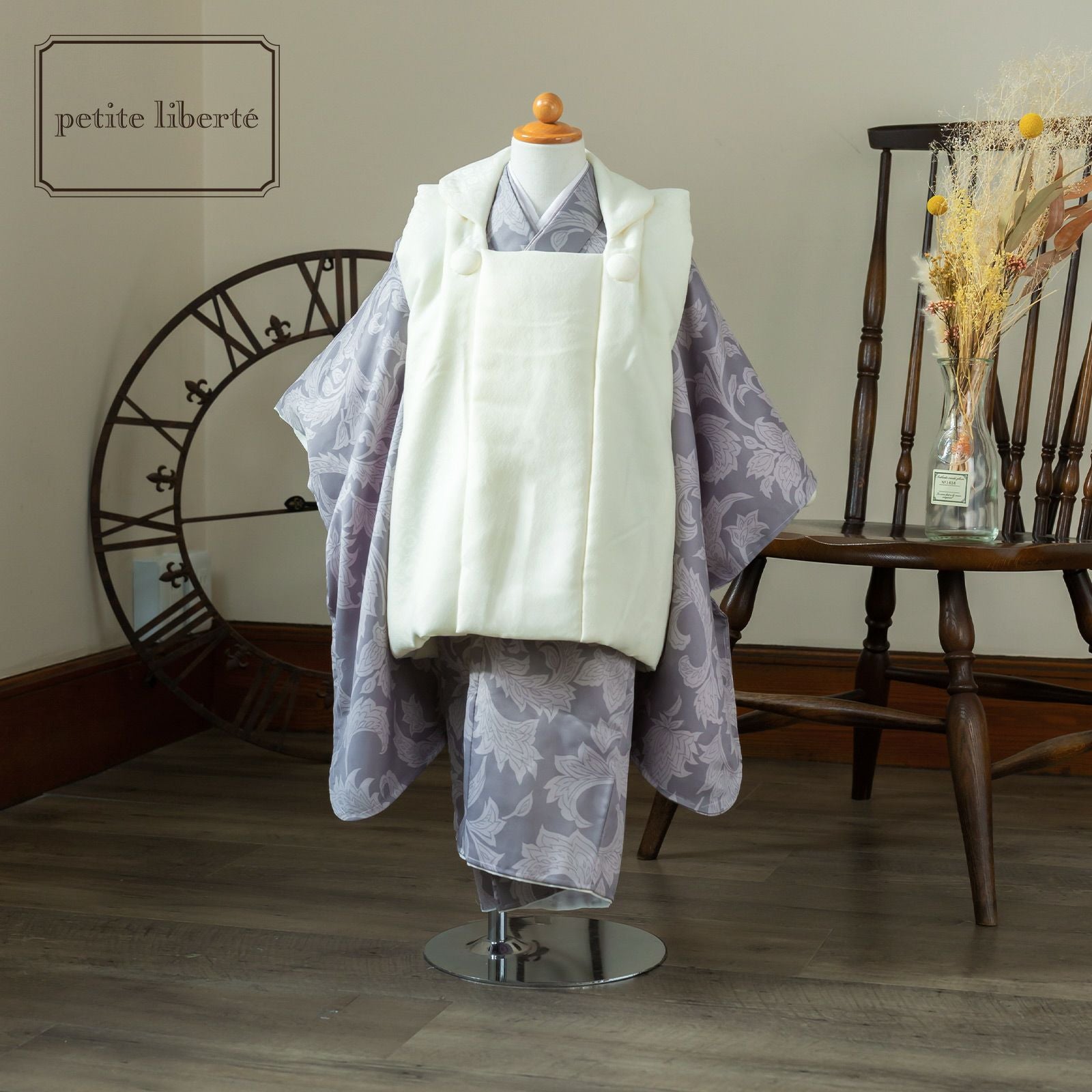 七五三 着物 3歳 男の子 ブランド被布セット petite liberte プチリベルテ 「クリーム、唐草グレー」 三歳男児被布セット 子供着物 フルセット 三才のお祝い着 3才向け【送料無料】