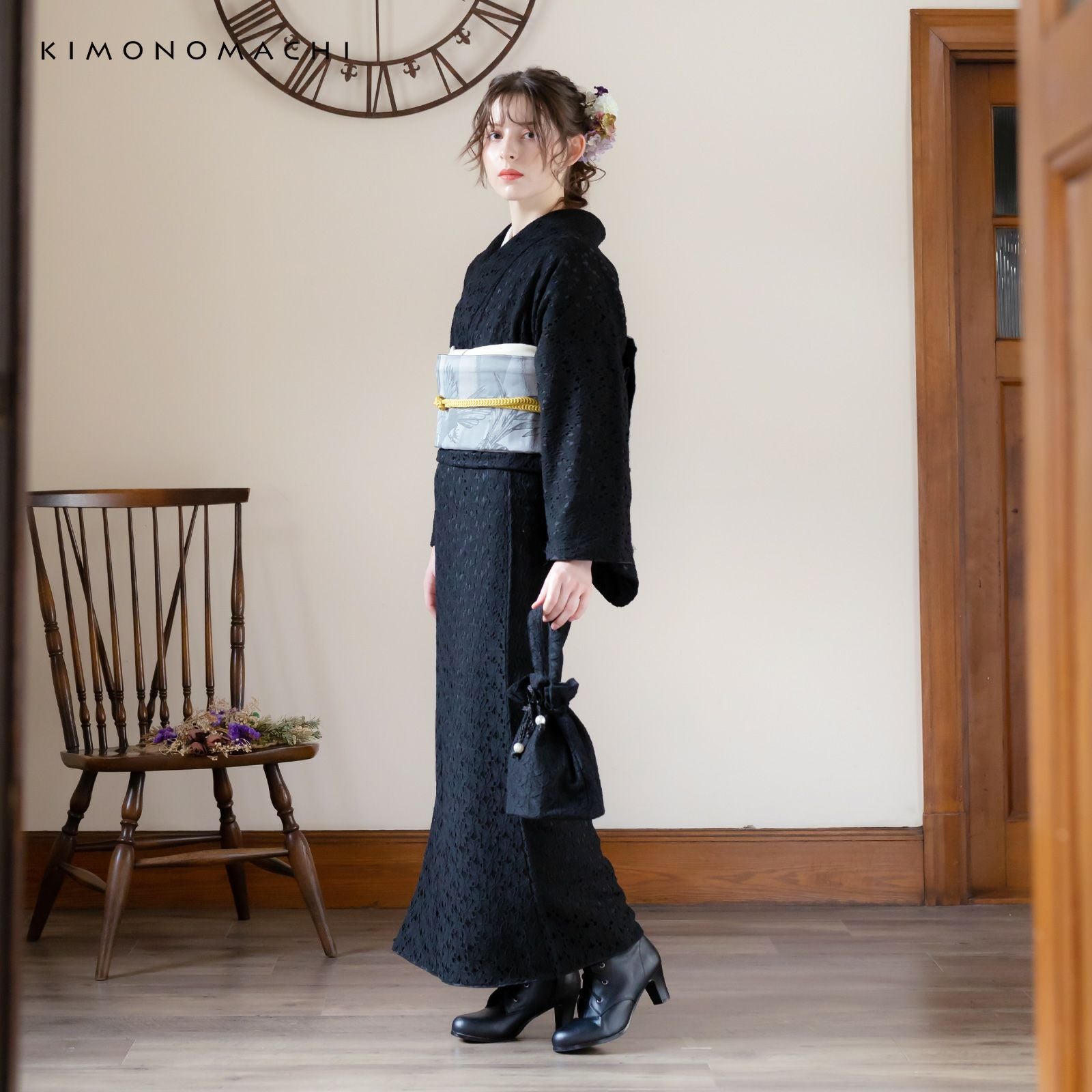 レース着物 希望サイズお仕立て 薔薇 ブラック ヘップバーンシュシュ 黒/オールブラック バラ柄 グリッター リボン