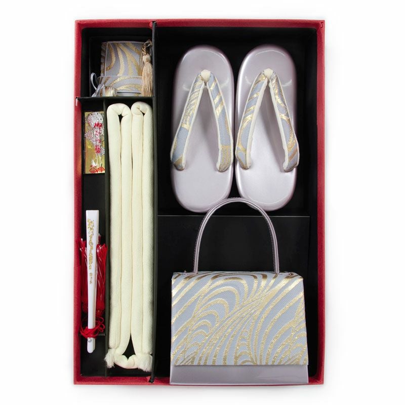 七五三 着物 7歳向け 箱迫セット 「グレー流水×クリーム」 7歳向け 子供着物 女の子の着物 筥迫 草履 バッグ ビラカン 帯締め 末広 【送料無料】