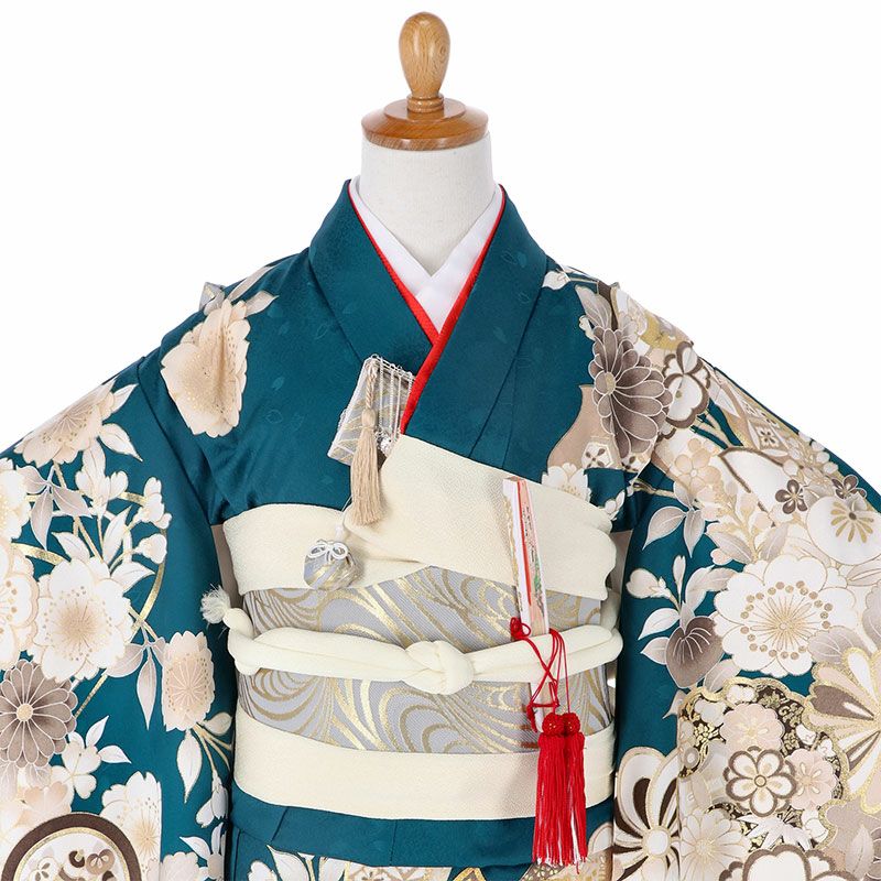 七五三 着物 7歳 四つ身着物セット 「ブルーグリーン 流水に熨斗束と