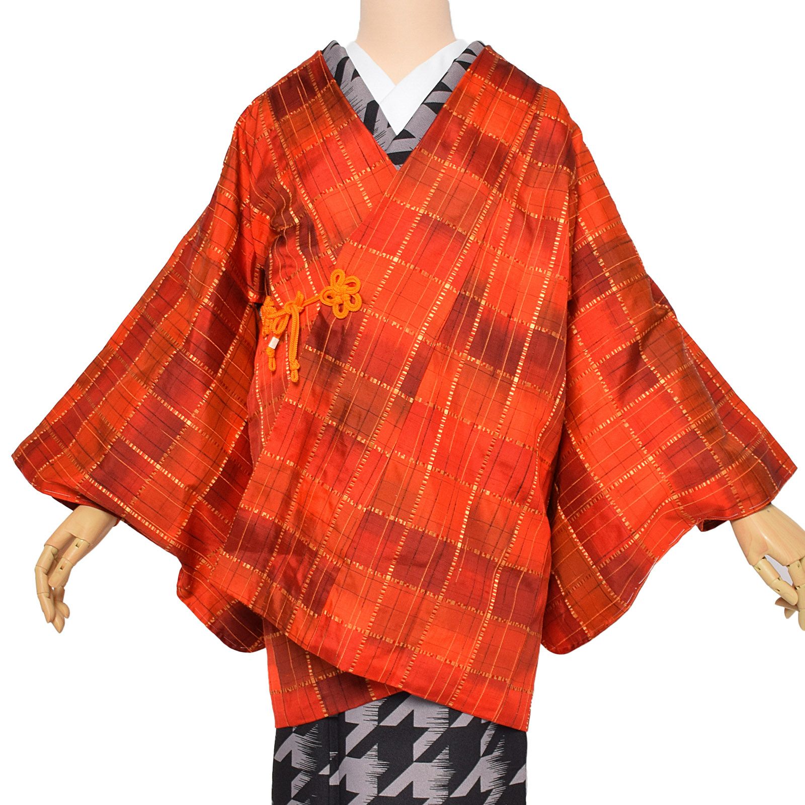 【中古品】羽織 「オレンジ暈し　格子」 正絹 羽織り