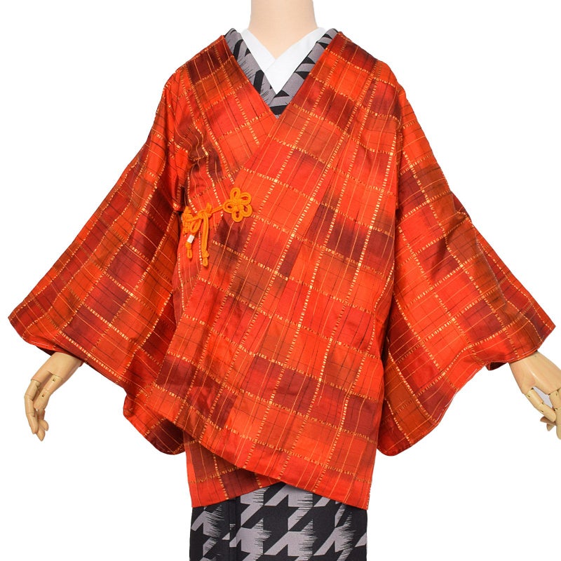 【中古品】羽織 「オレンジ暈し　格子」 正絹 羽織り