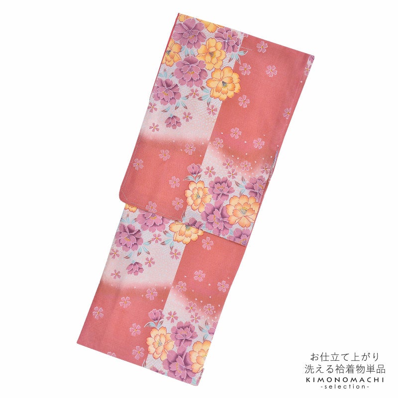 袷着物 単品 「オレンジ×浅緋色に桜」 フリーサイズ 着物 小紋 洗える着物 お仕立て上がり 普段着きもの カジュアル着物 レディース ポリエステル