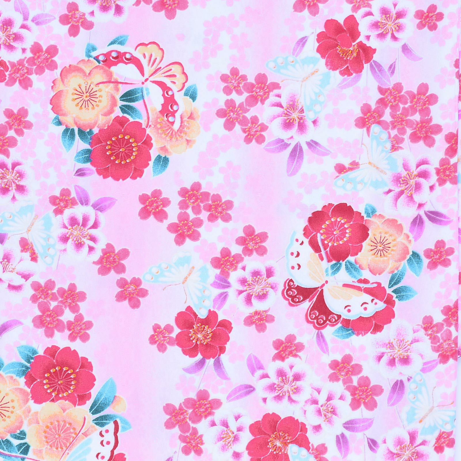 Prices down3】袷着物 単品 「薄ピンク 桜・蝶」 フリーサイズ 着物