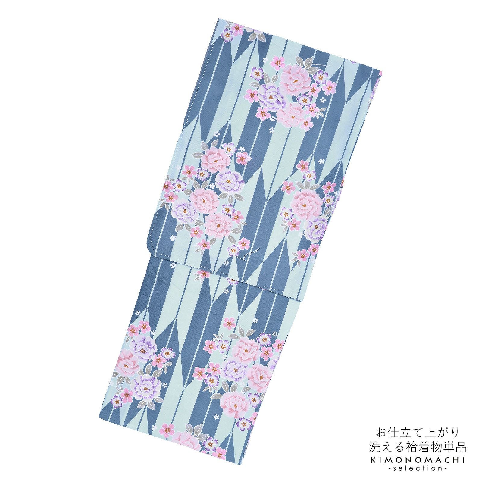 袷着物 単品 「白藍色×藍鼠色矢羽根に牡丹・桜」 フリーサイズ 着物 小紋 洗える着物 お仕立て上がり 普段着きもの カジュアル着物 レディース ポリエステル