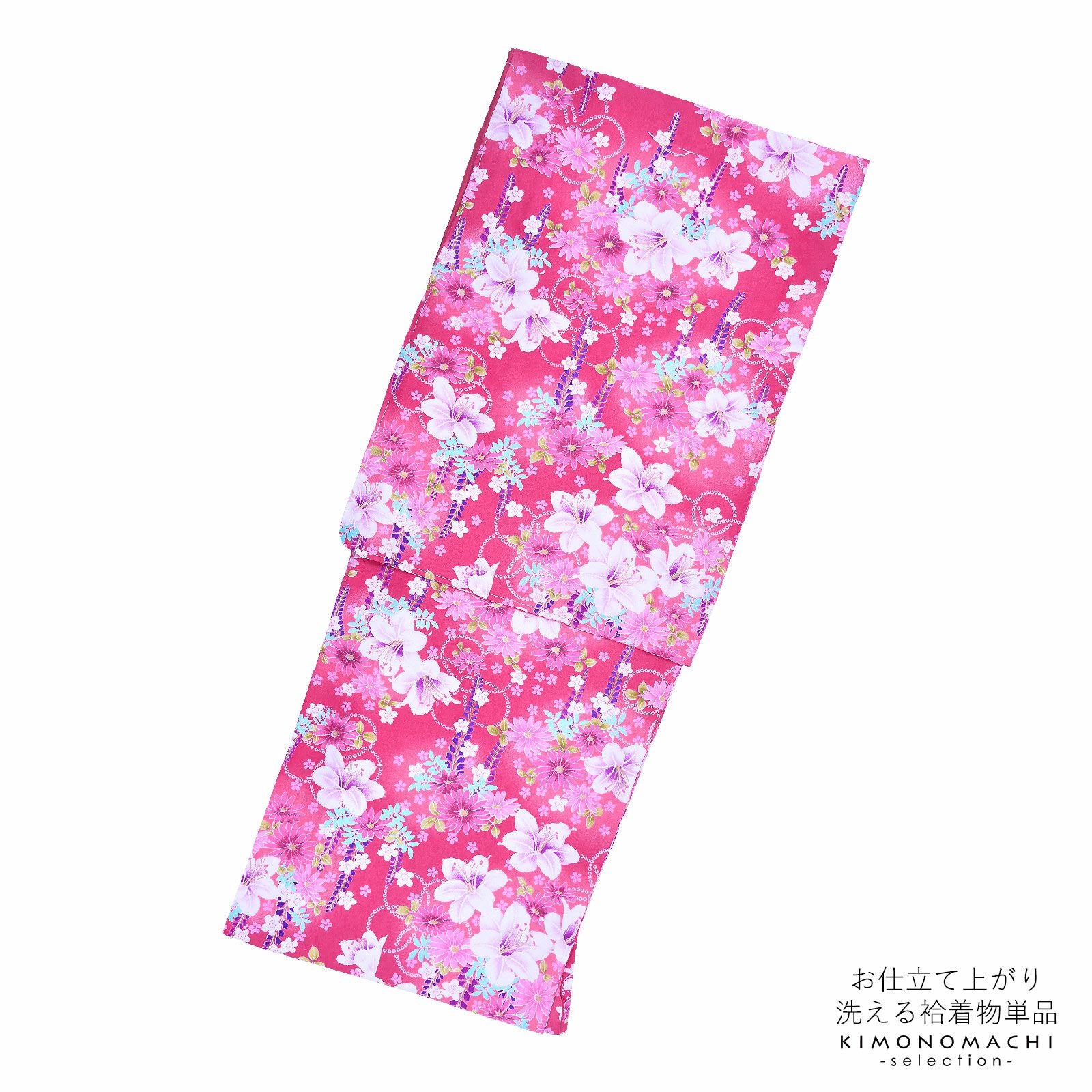 袷着物 単品 「ピンク　百合・藤・小桜」 フリーサイズ 着物 小紋 洗える着物 お仕立て上がり 普段着きもの カジュアル着物 レディース ポリエステル
