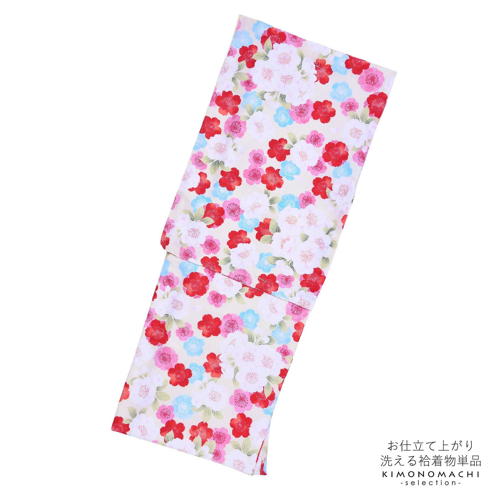 袷着物 単品 「クリーム　ピンク、赤、水色 、桃色の桜」 フリーサイズ 着物 小紋 洗える着物 お仕立て上がり 普段着きもの カジュアル着物 レディース ポリエステル