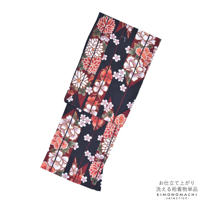 袷着物 単品 「黒地　矢羽根に菊、牡丹、撫子」 フリーサイズ 着物 小紋 洗える着物 お仕立て上がり 普段着きもの カジュアル着物 レディース ポリエステル