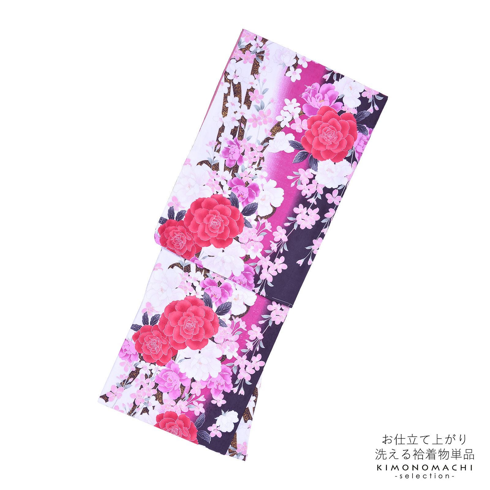 袷着物 単品 「ピンクぼかし　薔薇と桜」 フリーサイズ 着物 小紋 洗える着物 お仕立て上がり 普段着きもの カジュアル着物 レディース ポリエステル