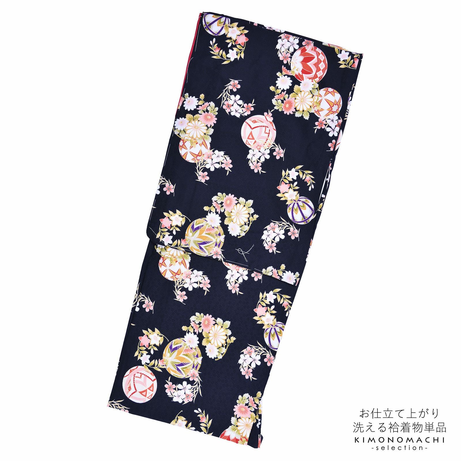 袷着物 単品 「黒　手鞠に菊、桔梗、撫子」 フリーサイズ 着物 小紋 洗える着物 お仕立て上がり 普段着きもの カジュアル着物 レディース ポリエステル