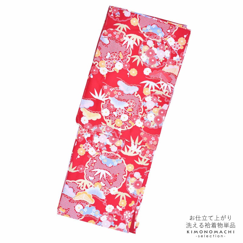 袷着物 単品 「赤　雪輪に松竹梅と菊」 フリーサイズ 着物 小紋 洗える着物 お仕立て上がり 普段着きもの カジュアル着物 レディース ポリエステル