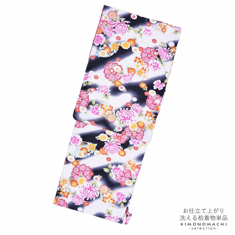 袷着物 単品 「黒×クリーム　菊や桜」 フリーサイズ 着物 小紋 洗える着物 お仕立て上がり 普段着きもの カジュアル着物 レディース ポリエステル