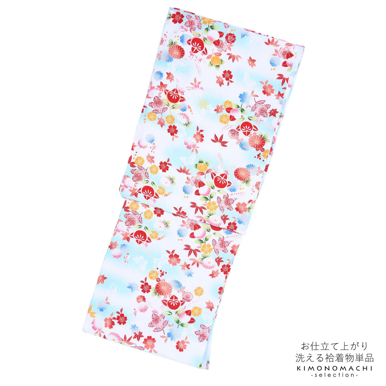 袷着物 単品 「水色×白　梅・桜・楓・蝶・橘」 フリーサイズ 着物 小紋 洗える着物 お仕立て上がり 普段着きもの カジュアル着物 レディース ポリエステル