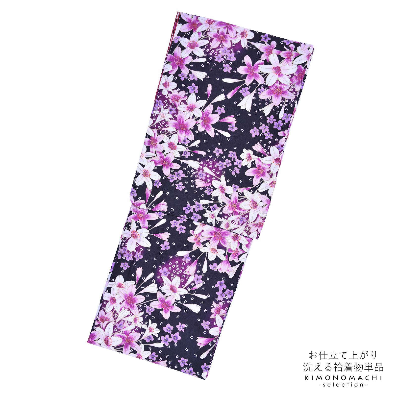 Prices down2】袷着物 単品 「黒 ピンクの百合と小白桜」 フリーサイズ