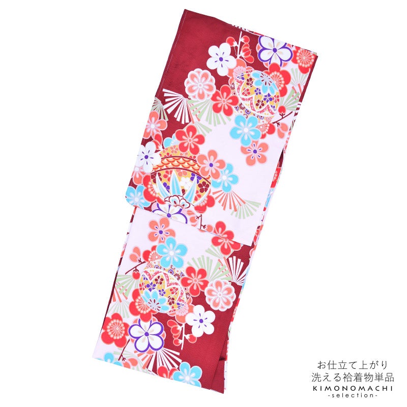 袷着物 単品 「深緋色×ピンク　鞠や梅」 フリーサイズ 着物 小紋 洗える着物 お仕立て上がり 普段着きもの カジュアル着物 レディース ポリエステル
