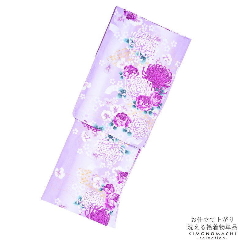袷着物 単品 「藤色ぼかし　菊・薔薇・桜」 フリーサイズ 着物 小紋 洗える着物 お仕立て上がり 普段着きもの カジュアル着物 レディース ポリエステル