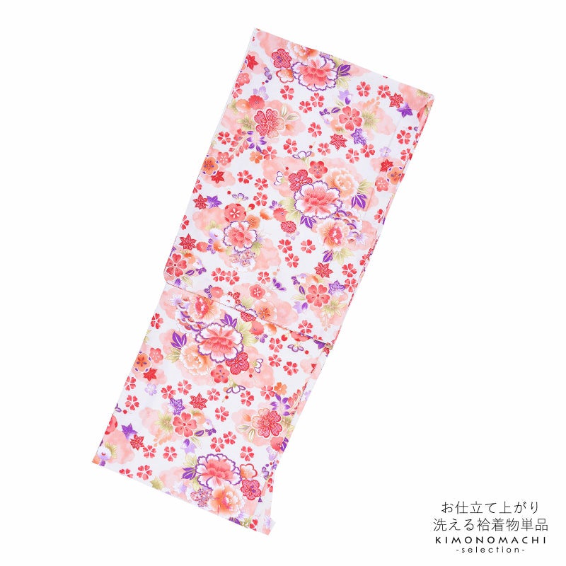 袷着物 単品 「クリーム　牡丹・梅・桜」 フリーサイズ 着物 小紋 洗える着物 お仕立て上がり 普段着きもの カジュアル着物 レディース ポリエステル