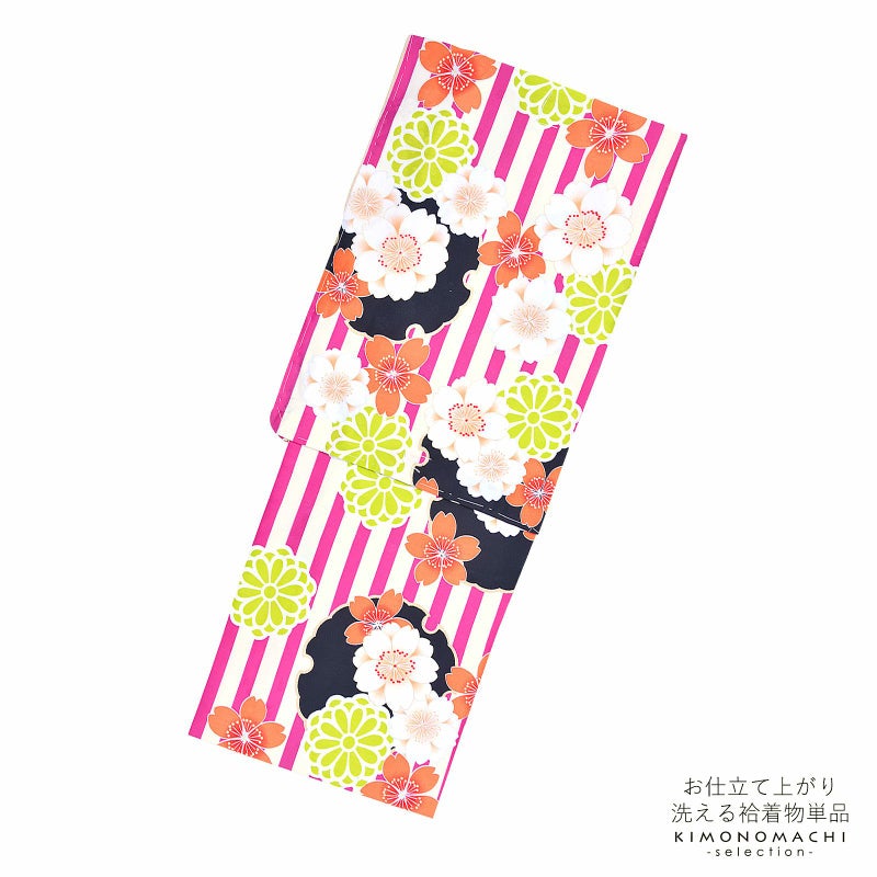 袷着物 単品 「ピンクストライプ　黒雪輪に桜と菊」 フリーサイズ 着物 小紋 洗える着物 お仕立て上がり 普段着きもの カジュアル着物 レディース ポリエステル
