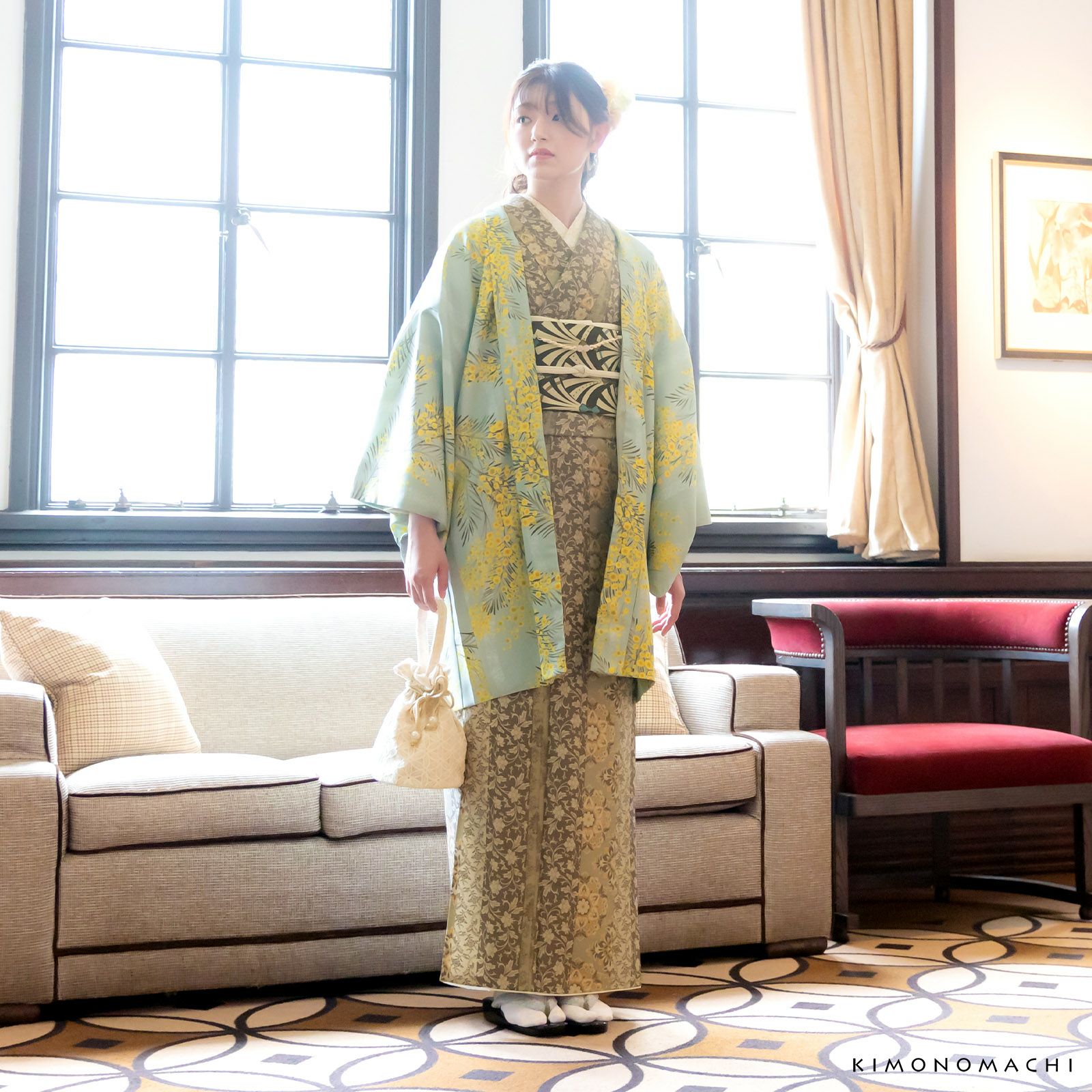 羽織 単品 KIMONOMACHI オリジナル 「ミモザに立涌 錆青磁色