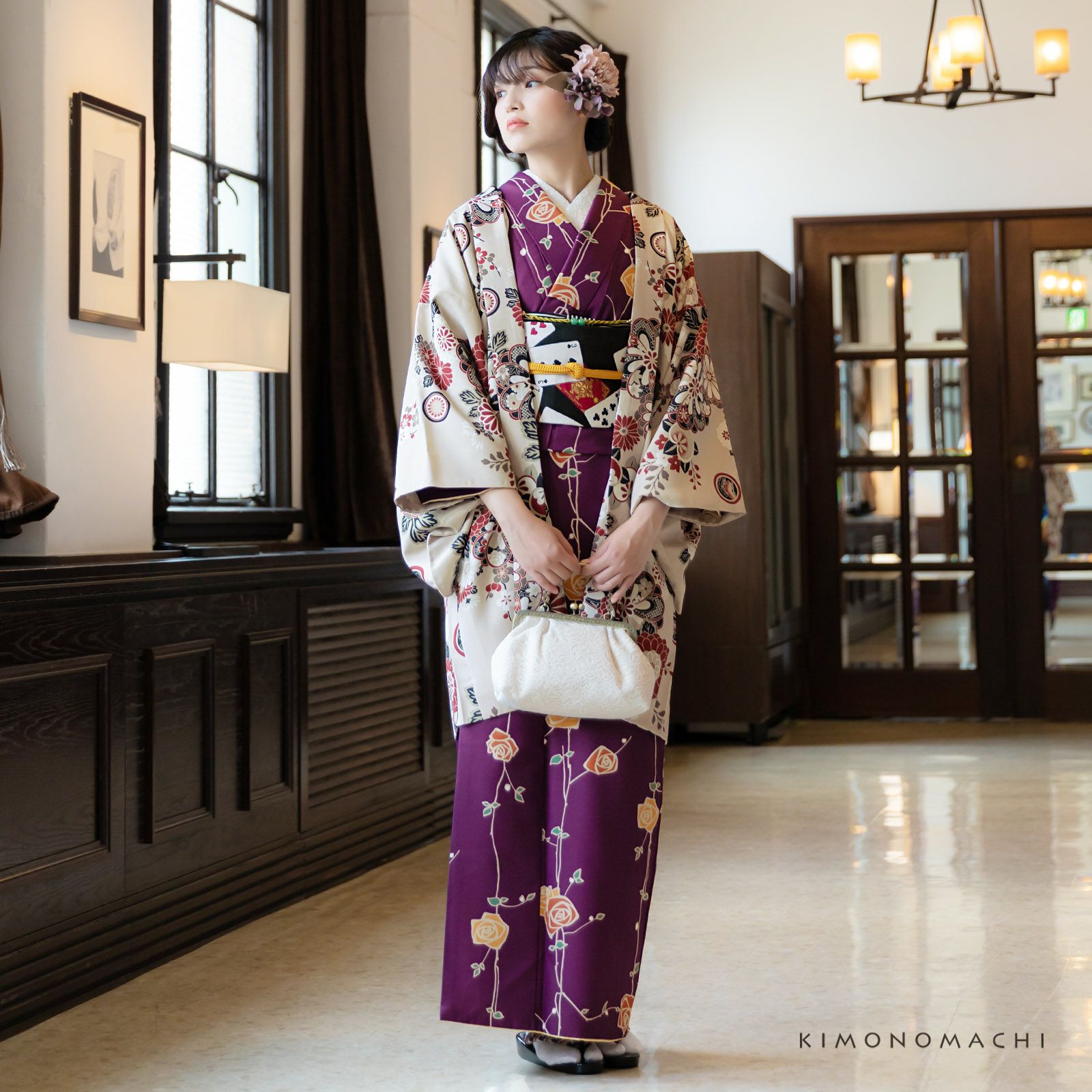 羽織 単品 KIMONOMACHI オリジナル 「花紋散らし 灰梅」 ポリエステル