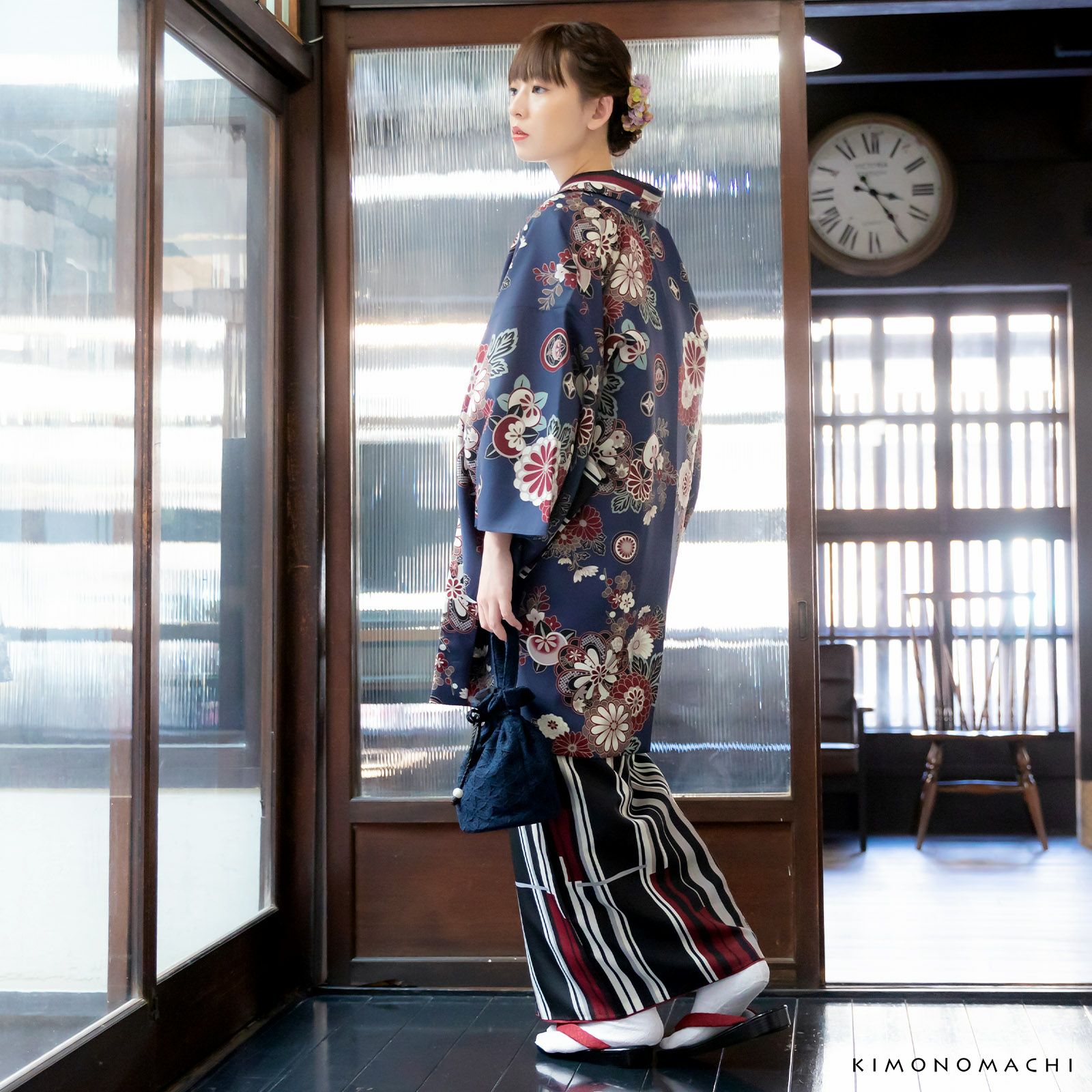 羽織 単品 KIMONOMACHI オリジナル 「花紋散らし 紺青」 ポリエステル