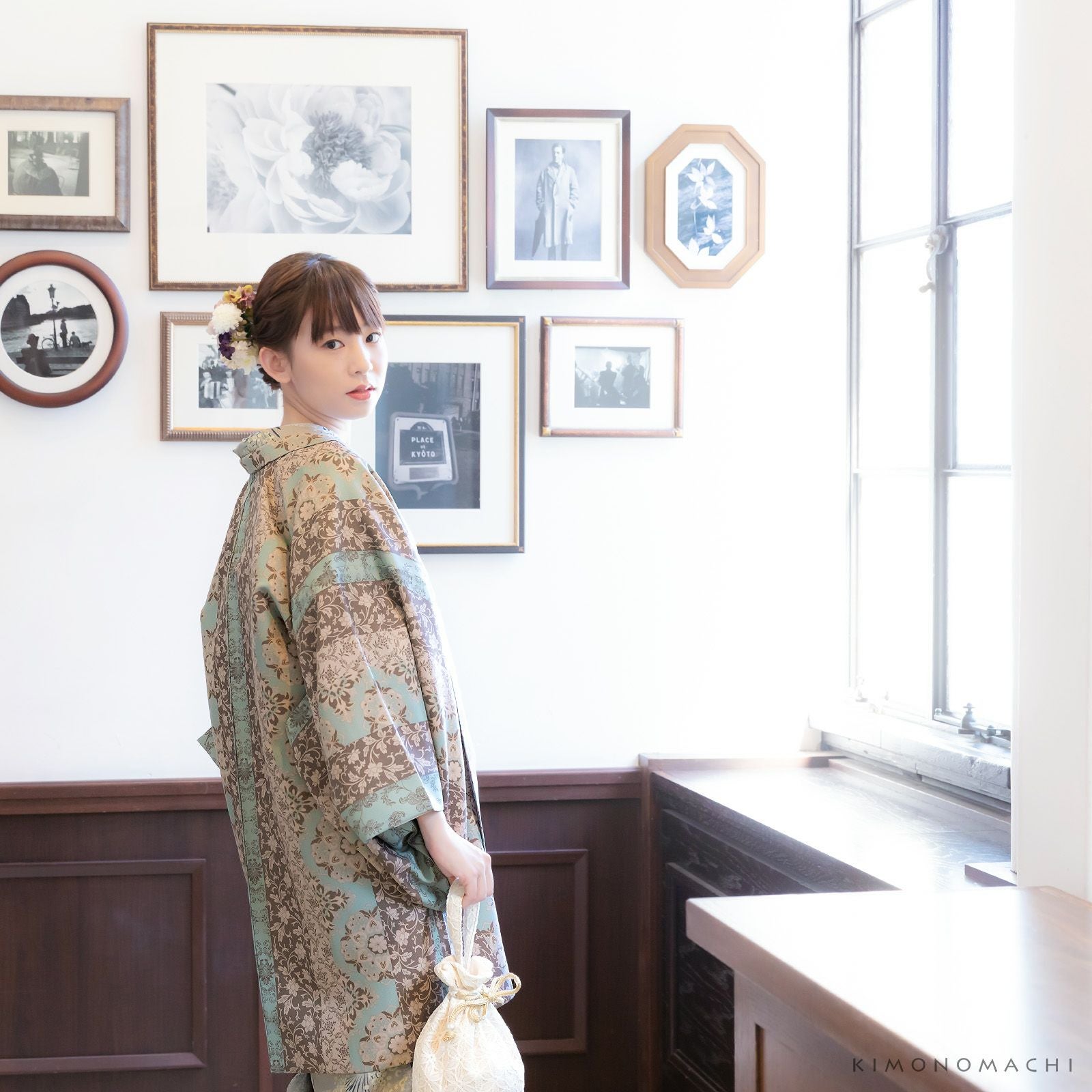 羽織 単品 KIMONOMACHI オリジナル 「縞更紗 水色」 ポリエステル