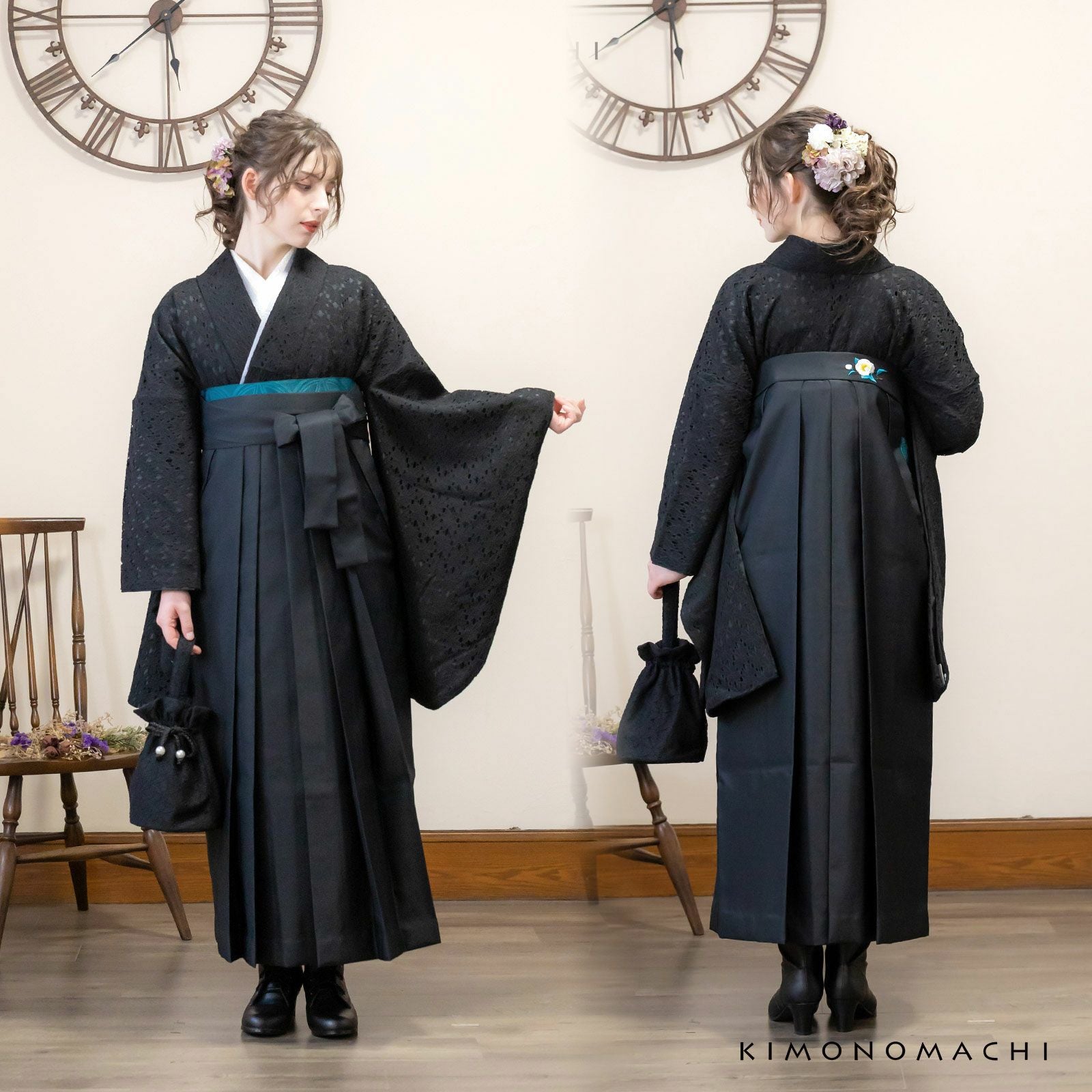 レース 二尺袖着物 単品 「ブラック×ブラック・ブラック×ターコイズ