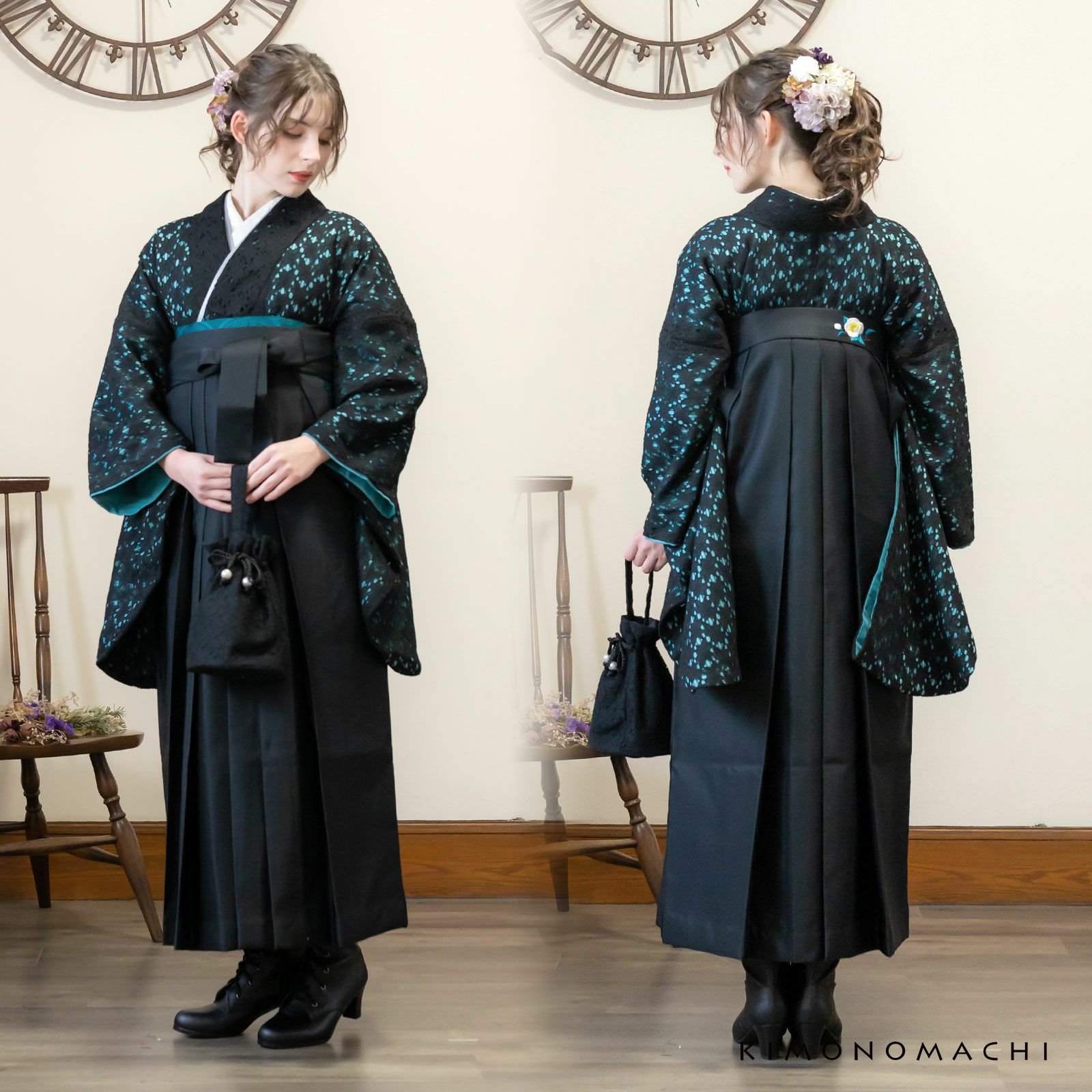 レース 二尺袖着物 単品 「ブラック×ブラック・ブラック×ターコイズ