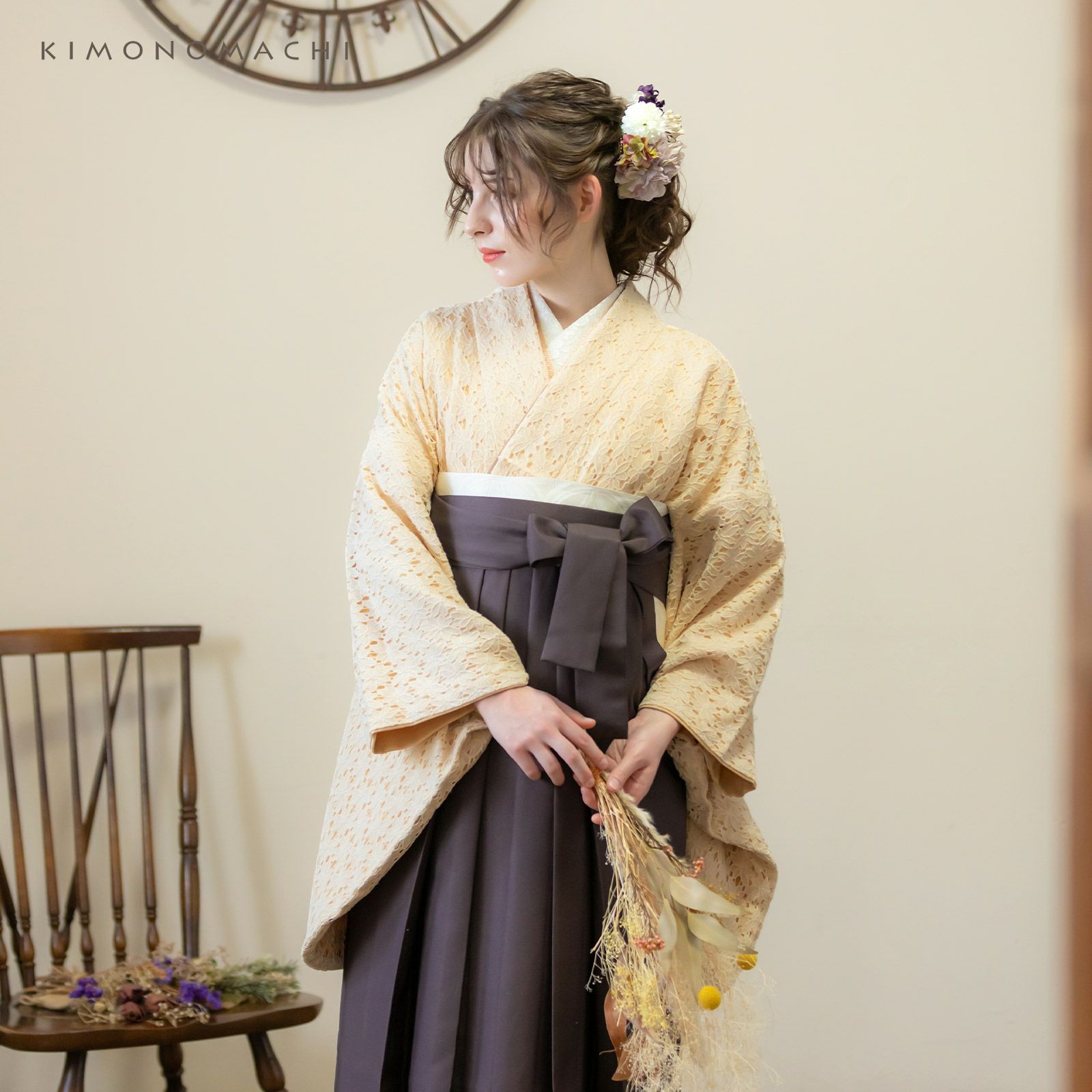 卒業式駆け込みSALE3/19迄)レース 二尺袖着物 単品 「ブラック