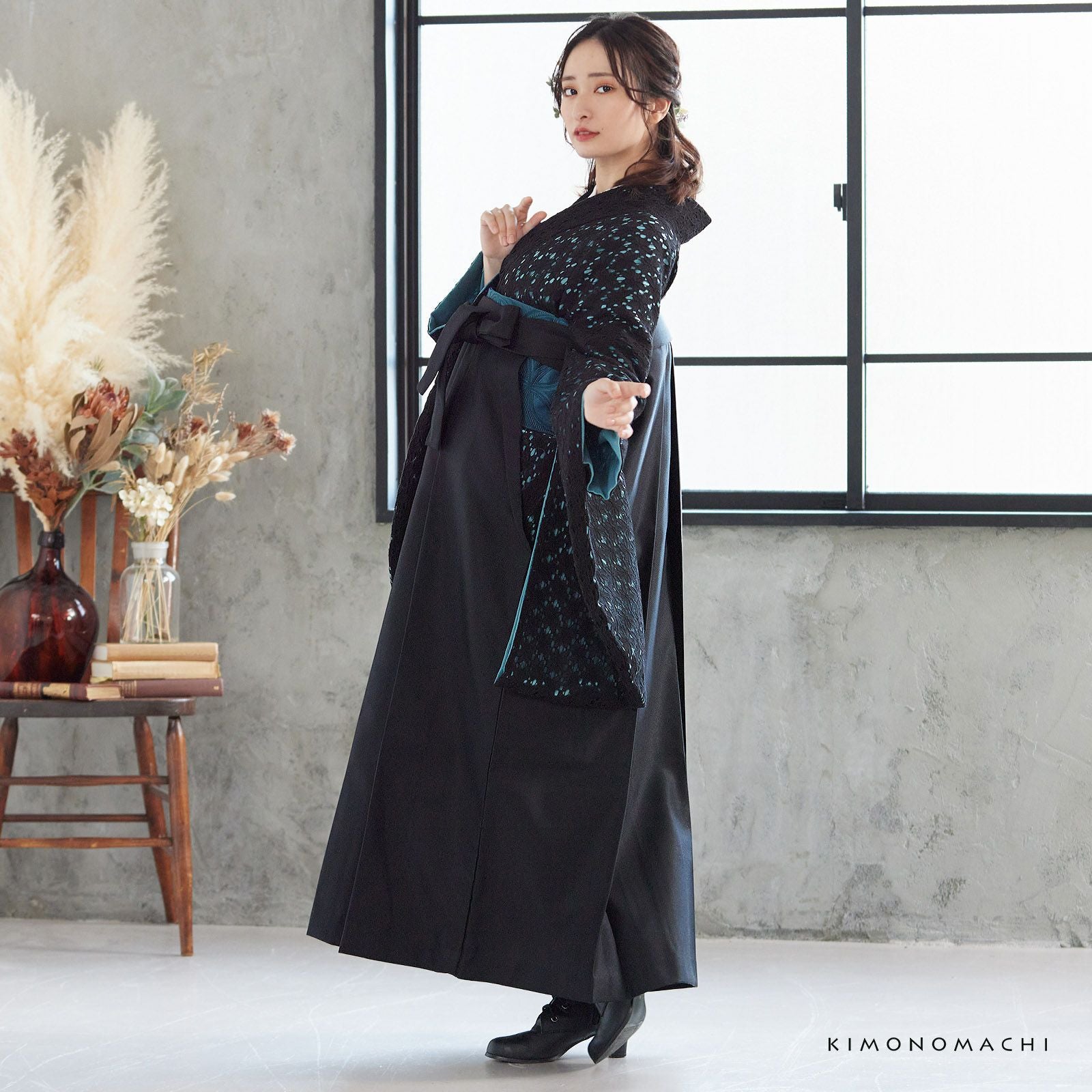 レース 二尺袖着物 単品 「ブラック×ターコイズ」 お仕立て上がり
